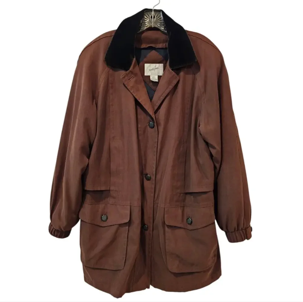 Jacqueline Ferrar Button Up Mid Length Lined Coat Brown Velour Collar Large
